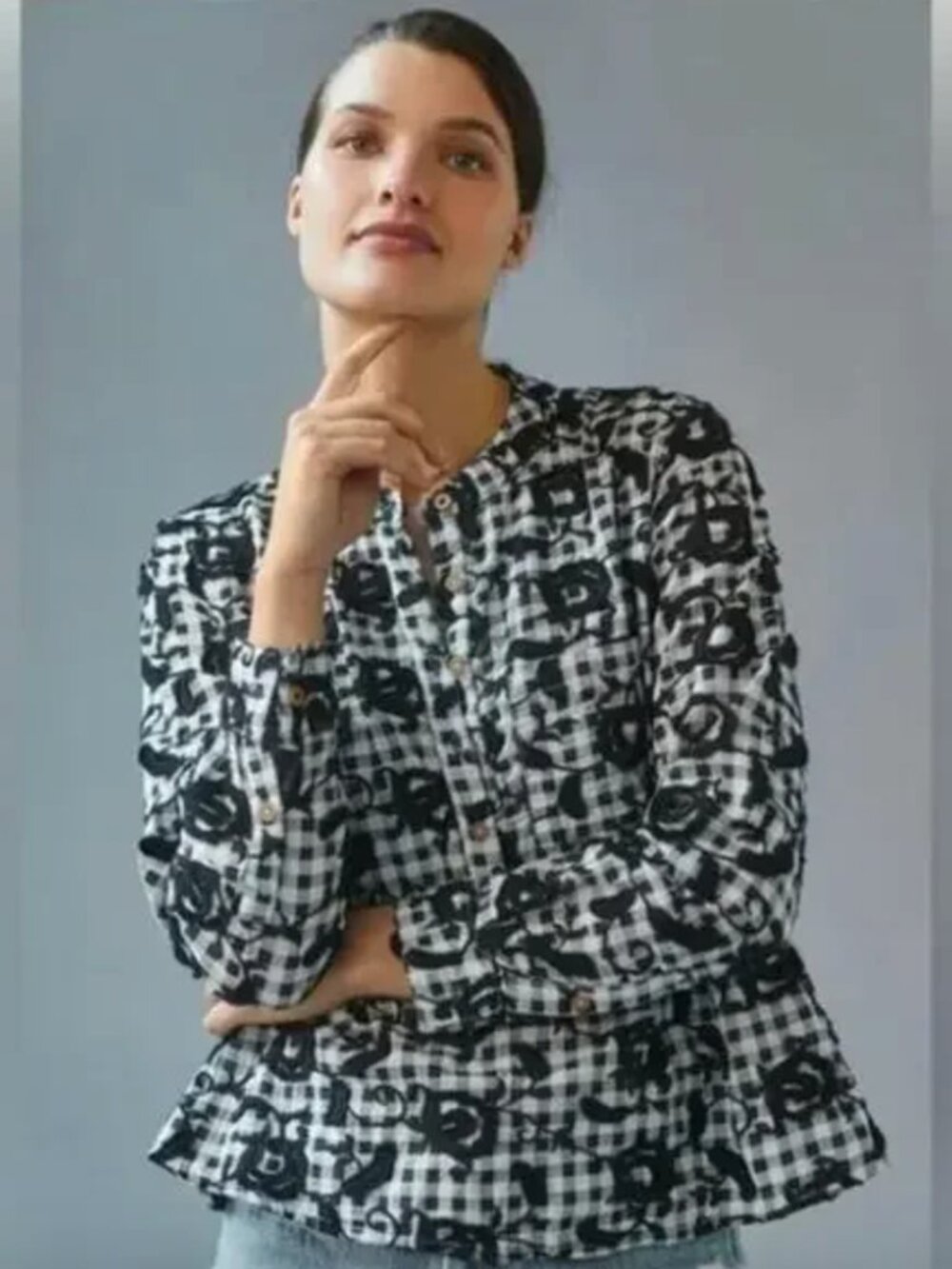 Anthropologie x Pilcro Whitney Trapeze Embroidered Gingham Blouse